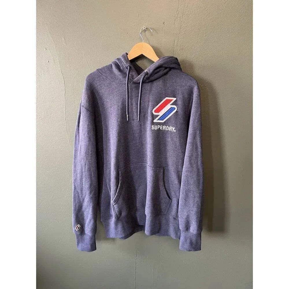 Superdry Mens Blue Pullover Hooded Sweatshirt Embroidered Logo Size XL